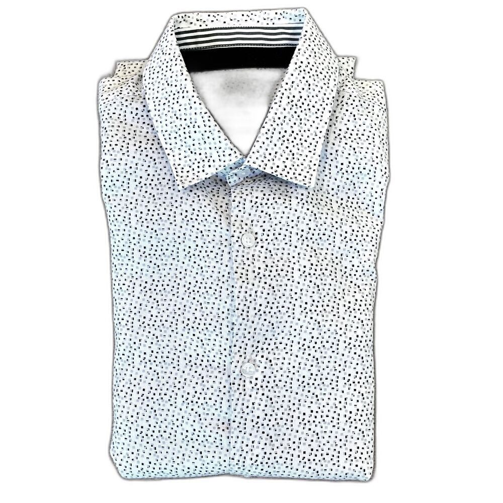 Zara Men's Dress Shirt White with Blue/Grey Dots Size Medium Slim Fit Office